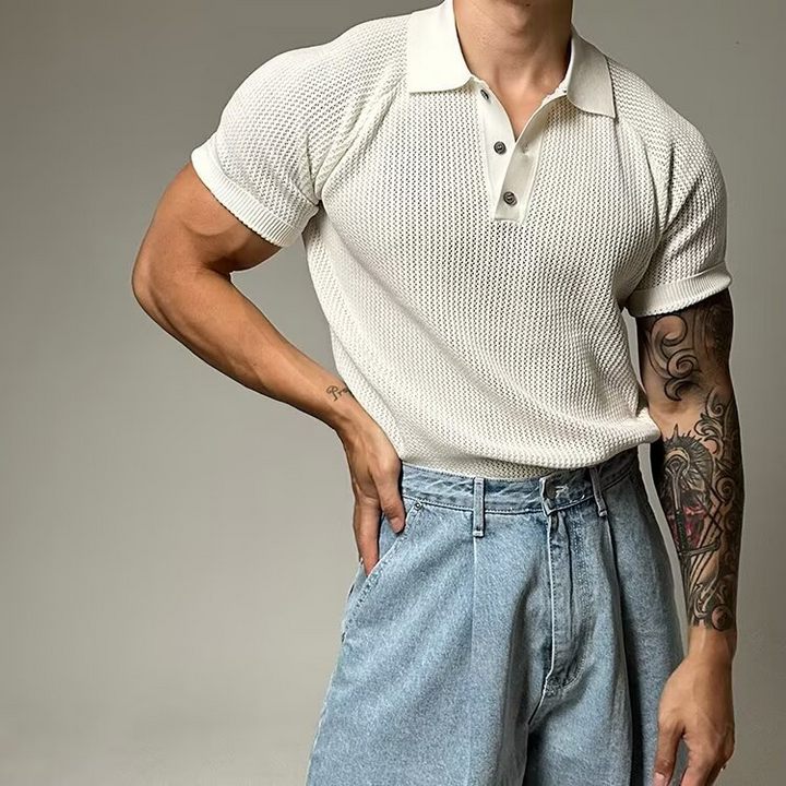 Men's waffle texture polo shirt, short sleeve, button placket. Classic casual men's fashion.
