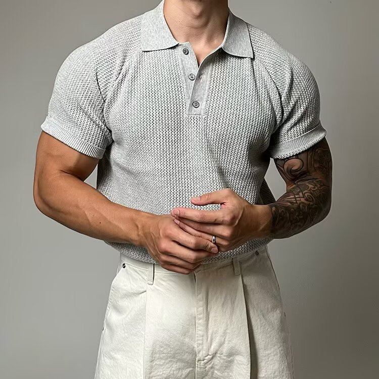 Men's waffle polo shirt, a timeless short sleeve design for versatile casual and smart casual looks.