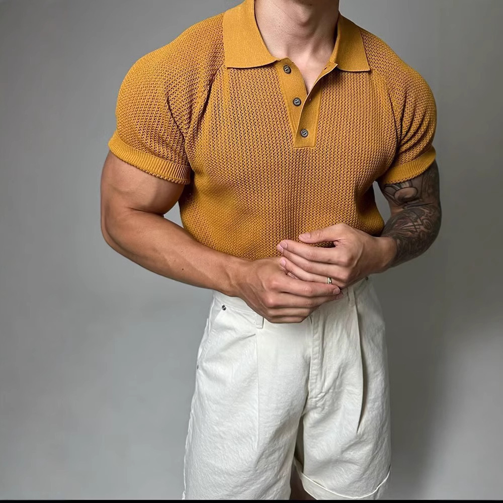 High-quality men's waffle texture polo shirt. Short sleeve, button placket. Essential casual wear.