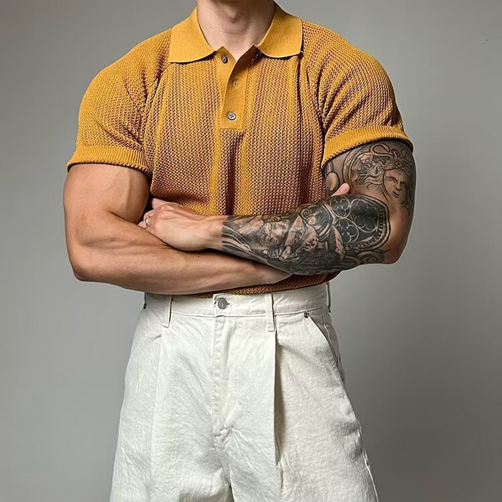 Men's casual wear: waffle texture polo shirt with short sleeves and a neat button placket.