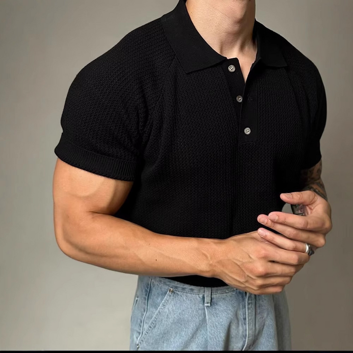 Men's fashion staple: short sleeve waffle polo, perfect for a smart casual or relaxed look.