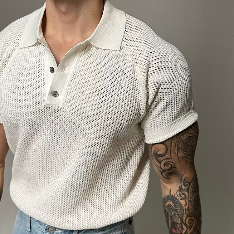Front view of a men's classic waffle texture polo shirt, ideal for casual and smart casual outfits.