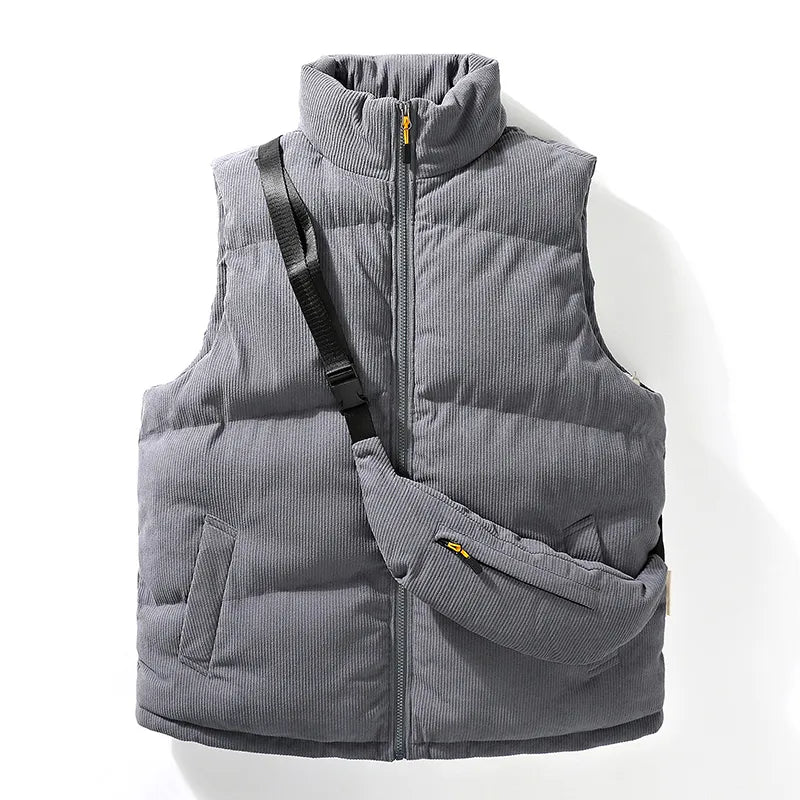 Thermal men's alpine vest for winter, a cozy sleeveless jacket with a handy crossbody bag. Men's fashion.