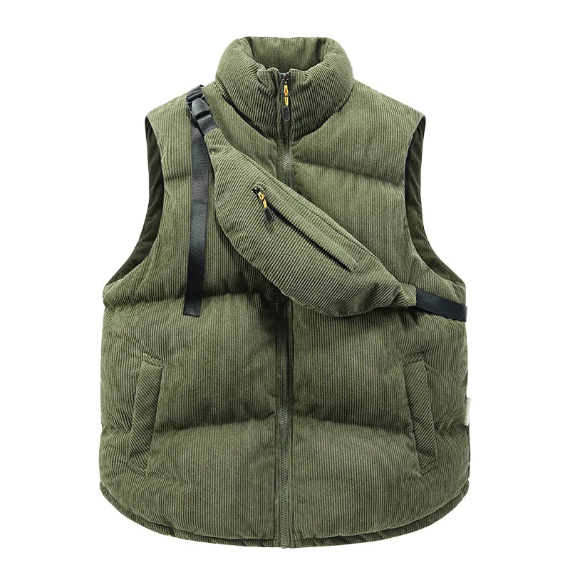 Stylish men's alpine vest, a versatile layering piece with a functional crossbody bag. Perfect winter outerwear.