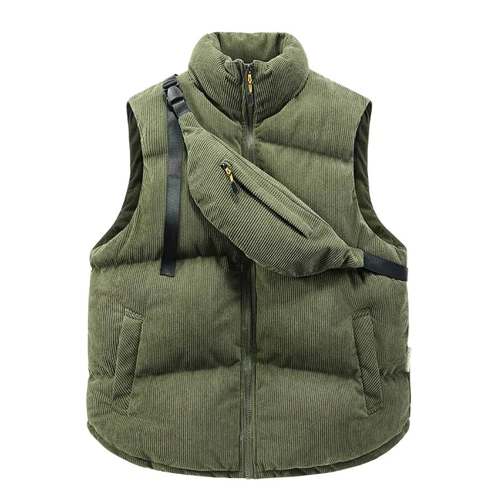 Stylish men's alpine vest, a versatile layering piece with a functional crossbody bag. Perfect winter outerwear.
