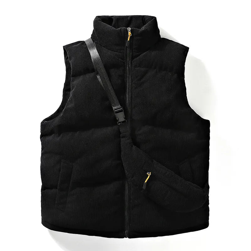 Durable men's alpine vest & crossbody bag combo. Ideal thermal winter vest for outdoor adventures & urban style.