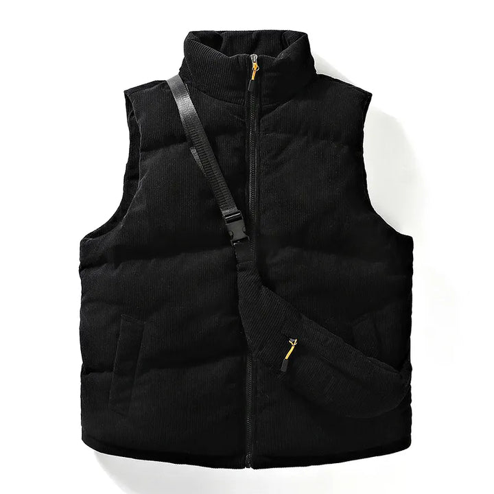 Durable men's alpine vest & crossbody bag combo. Ideal thermal winter vest for outdoor adventures & urban style.