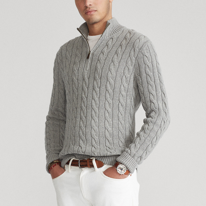 Men's warm cable knit half-zip sweater for winter, ideal for layering and cold weather style.