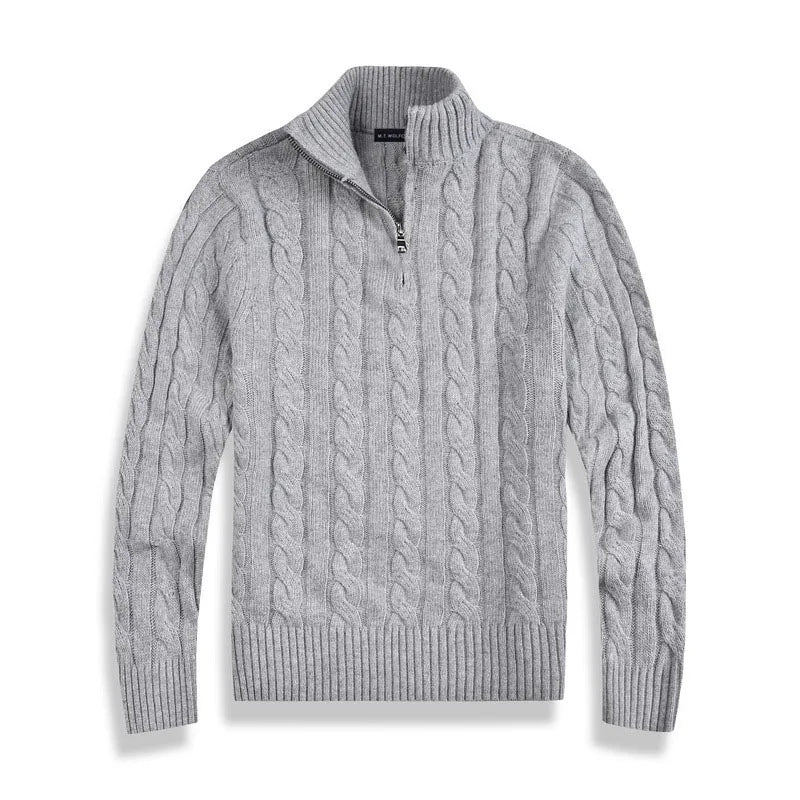 Sophisticated men's half-zip cable knit pullover, perfect for casual winter fashion and comfort.