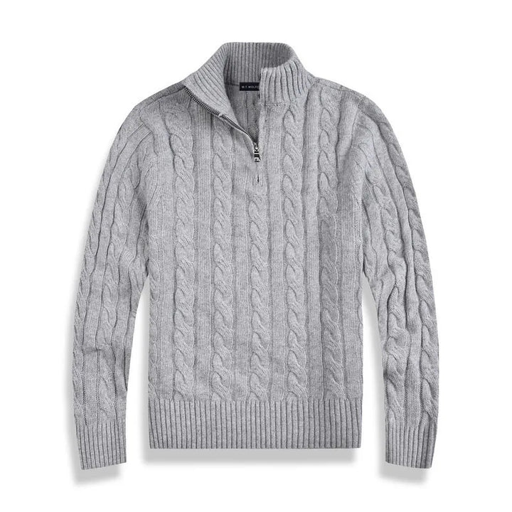 Sophisticated men's half-zip cable knit pullover, perfect for casual winter fashion and comfort.