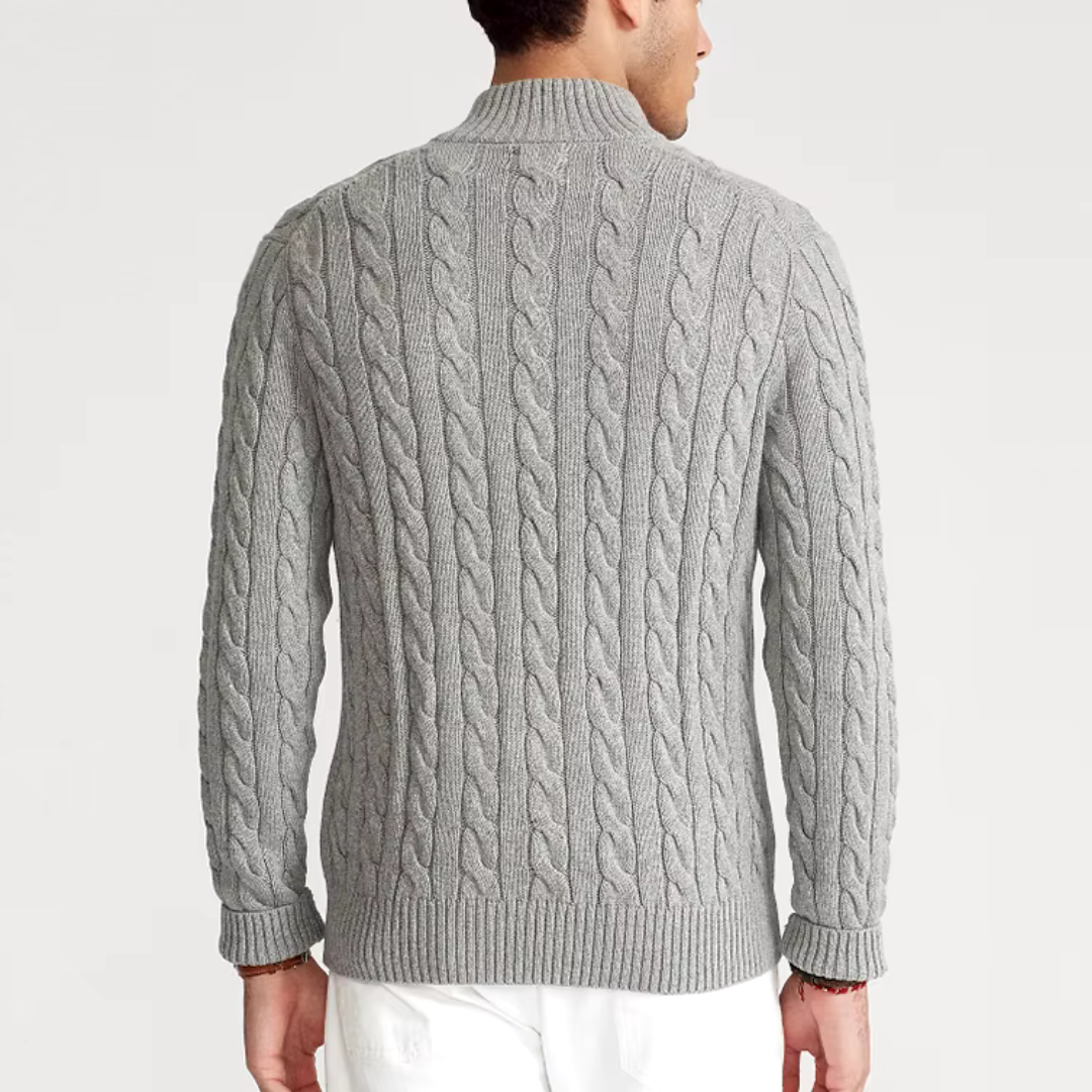 Warm men's long-sleeve cable knit half-zip sweater, cozy for cold weather and stylish layering.