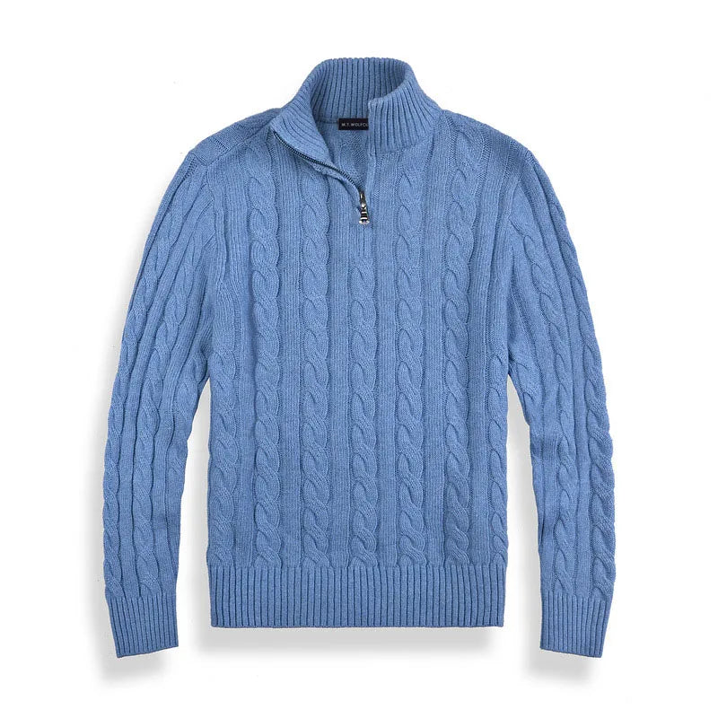 Casual men's cable knit half-zip sweater, a stylish and warm layering piece for winter fashion.