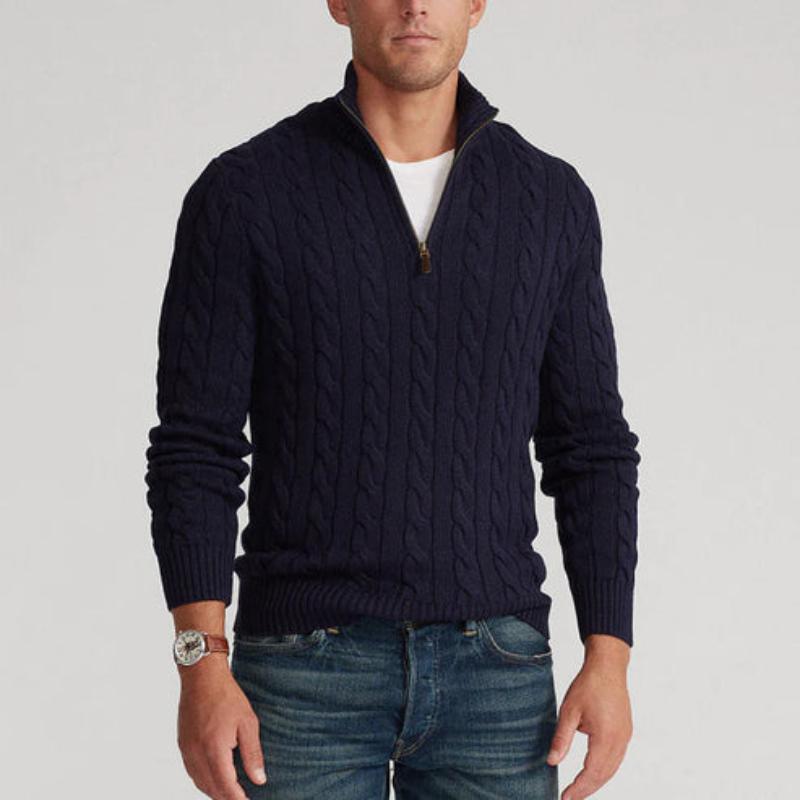 Men's elegant half-zip cable knit pullover, comfortable knitwear for cold days and sophisticated looks.