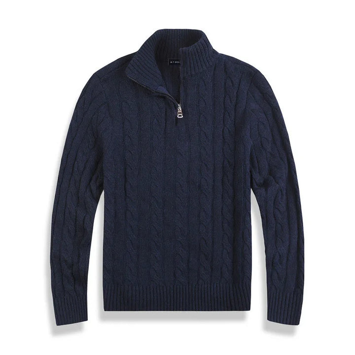 Warm men's winter half-zip cable knit sweater, a comfortable long-sleeve option for cold weather.