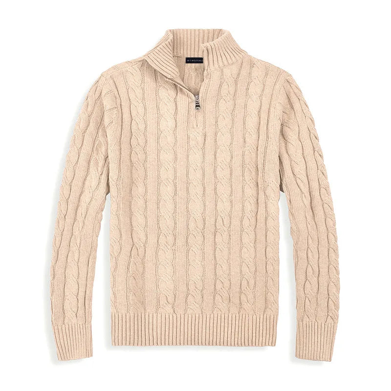 Men's classic cable knit half-zip sweater, versatile for sophisticated or casual winter wear.