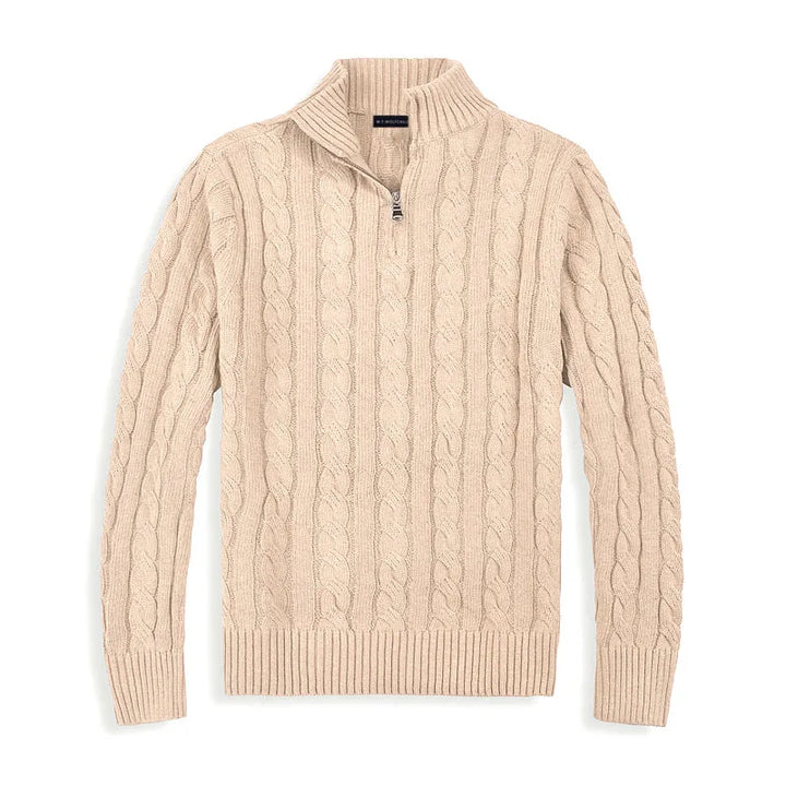 Men's classic cable knit half-zip sweater, versatile for sophisticated or casual winter wear.