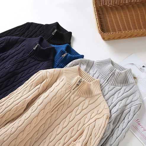 Men's Half-Zip Cable Knit Sweater, offering warm, stylish winter fashion and cozy comfort.