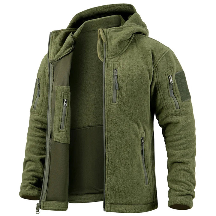 Utility men's hooded winter jacket for warm outdoor camping, hiking, and cold weather travel outerwear.