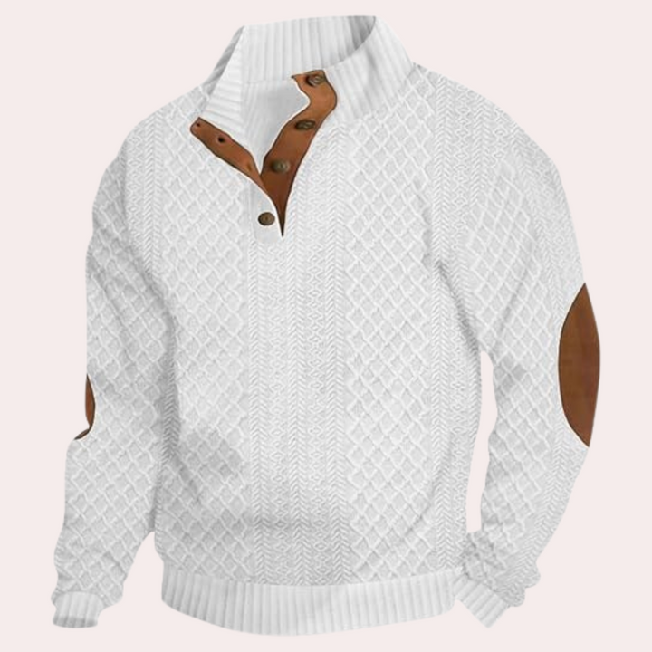 Men's warm casual knit sweater with stylish button closure. Perfect for fall & winter comfort.
