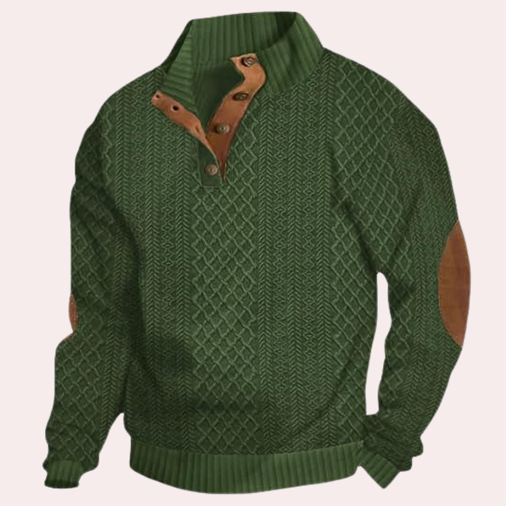Comfortable men's warm knit sweater with button placket, ideal for casual fall & winter layering.