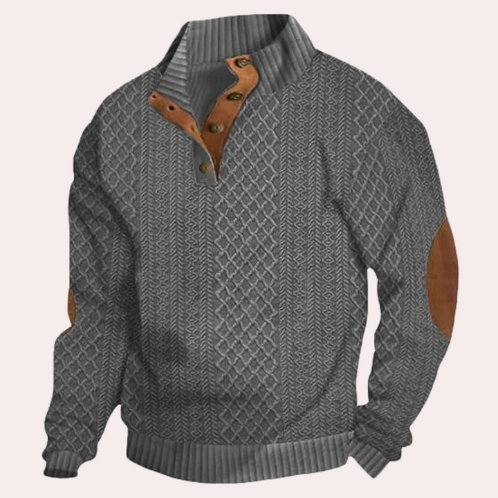Stylish men's warm knit pullover sweater featuring a modern button closure. Essential fall/winter wear.