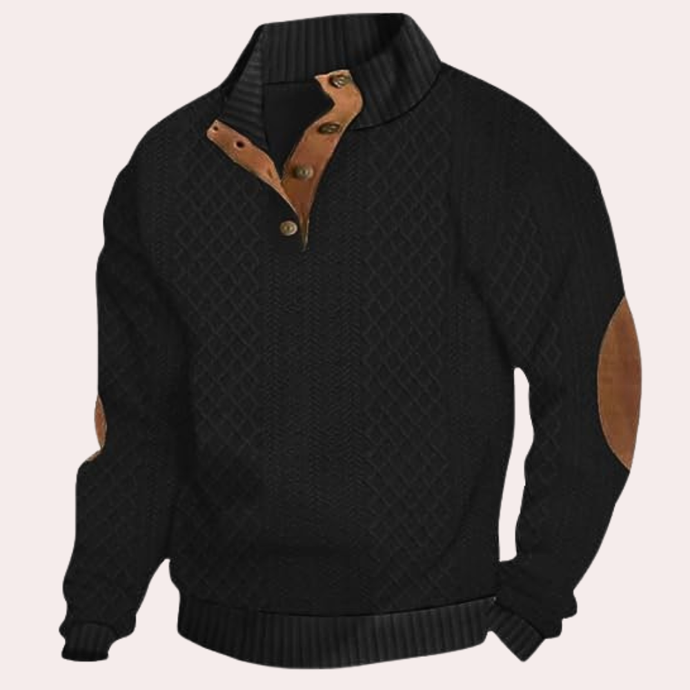 Close-up of men's button-closure casual sweater, showing knit texture. Warm and comfortable for winter.