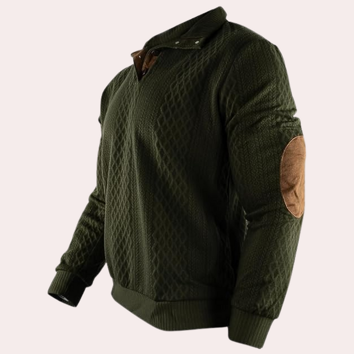 Man wearing a cozy long-sleeve men's warm sweater with button closure. Casual fall & winter fashion.