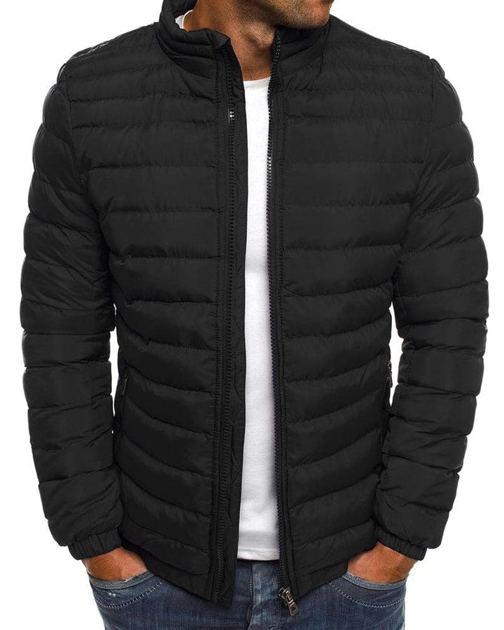 Solid color men's warm coat, a casual zip jacket with stand collar, ideal for chilly days.