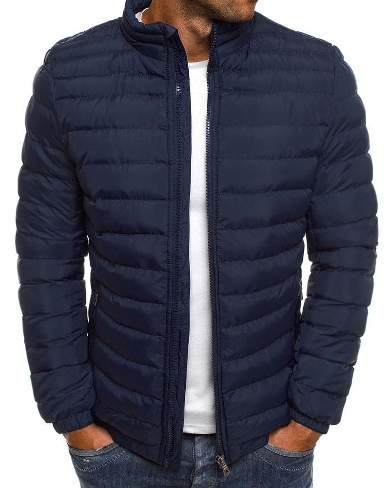 Modern men's warm casual jacket, solid color, stand collar, ideal for winter outdoor activities.