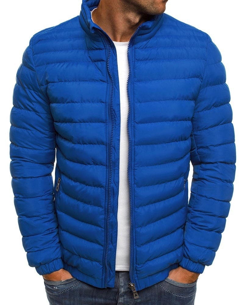 Stylish men's solid color zip jacket with stand collar for winter fashion & warmth.