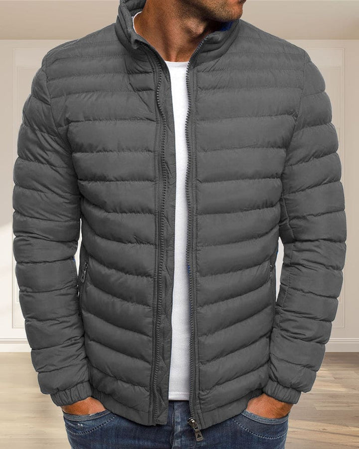 Classic men's casual zip jacket, stand collar, offering warmth and essential winter style.
