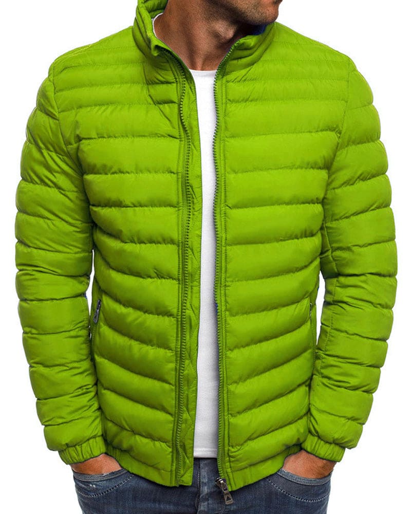 Essential men's solid color zip jacket, stand collar, providing warmth for winter style.