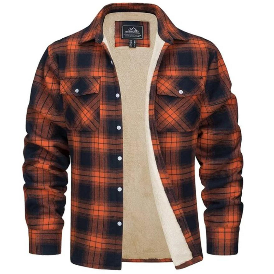 Men's warm checked fleece-lined jacket for winter comfort. Stylish plaid outerwear for fall fashion.