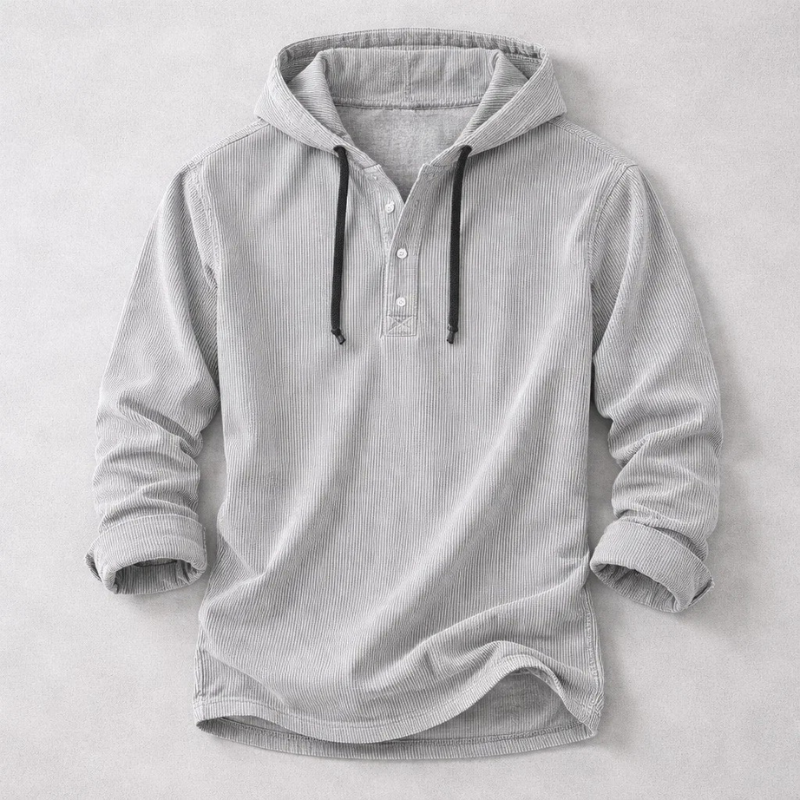 Stylish men's corduroy henley hoodie. Tailored fit, soft & warm for essential winter comfort.