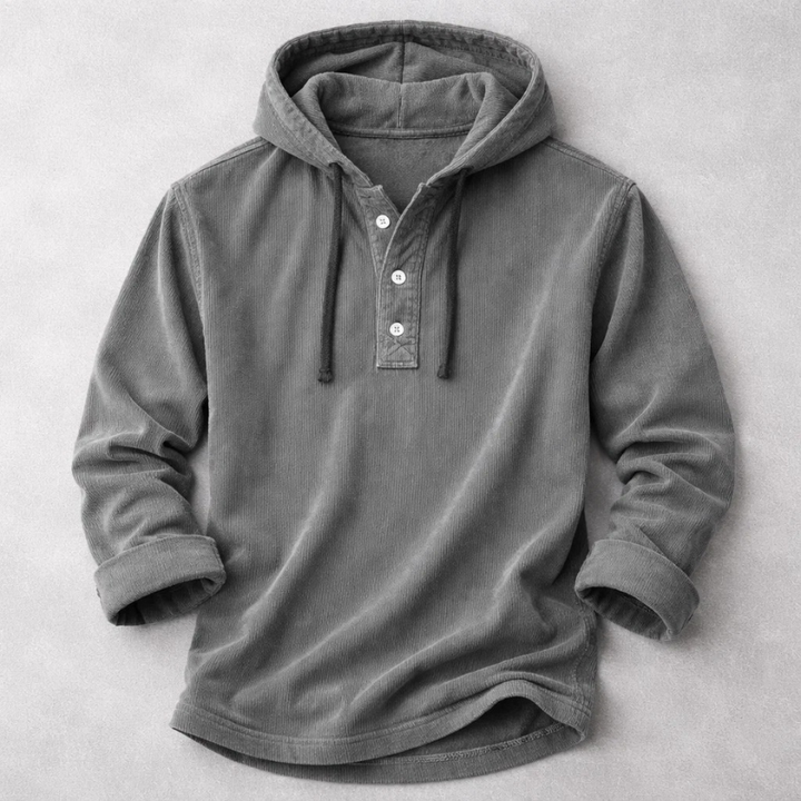 Comfortable men's corduroy hoodie with ribbed cuffs. Perfect warm casual wear for fall fashion.