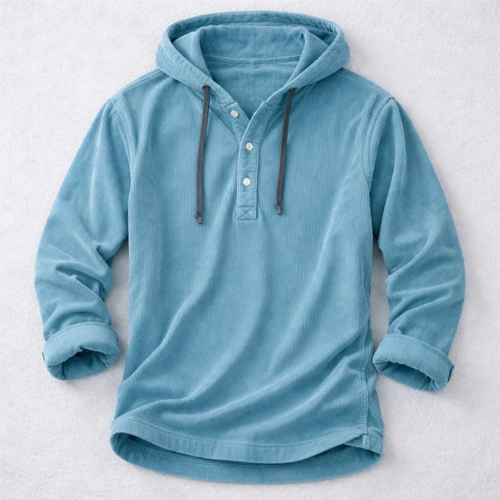 Fashionable men's corduroy hoodie, ideal for casual fall & winter layering. Warm and versatile.