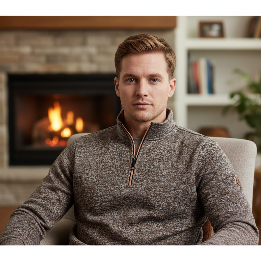Men's warm cotton-wool blend knit sweater, quarter-zip neck, Samuel pullover