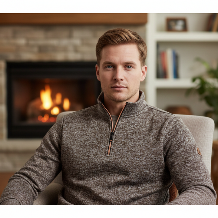 Men's warm cotton-wool blend knit sweater, quarter-zip neck, Samuel pullover