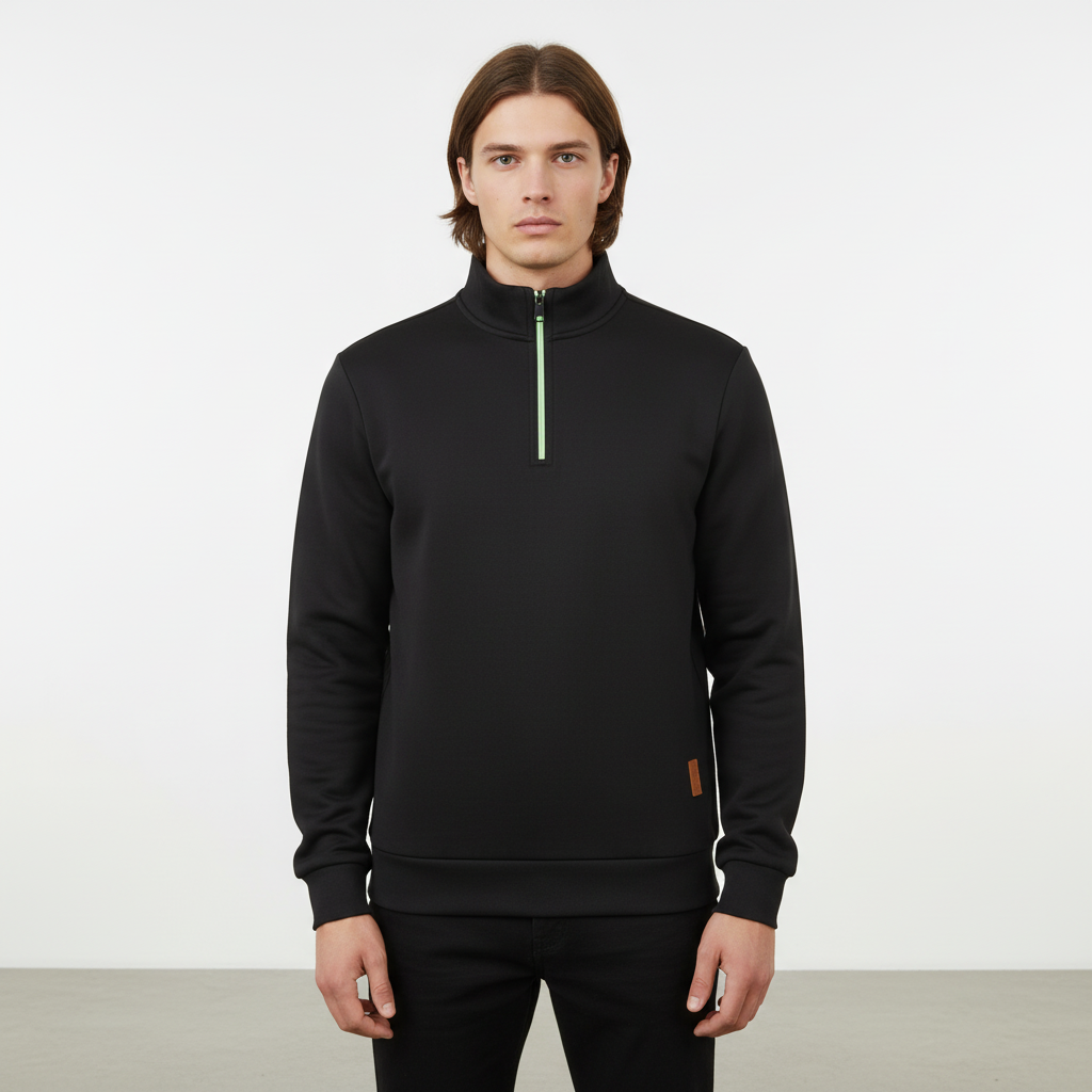 Horizontal shot of men's quarter-zip Samuel knit sweater, soft cotton-wool