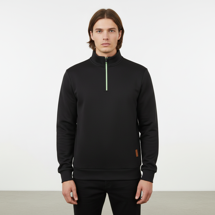 Horizontal shot of men's quarter-zip Samuel knit sweater, soft cotton-wool