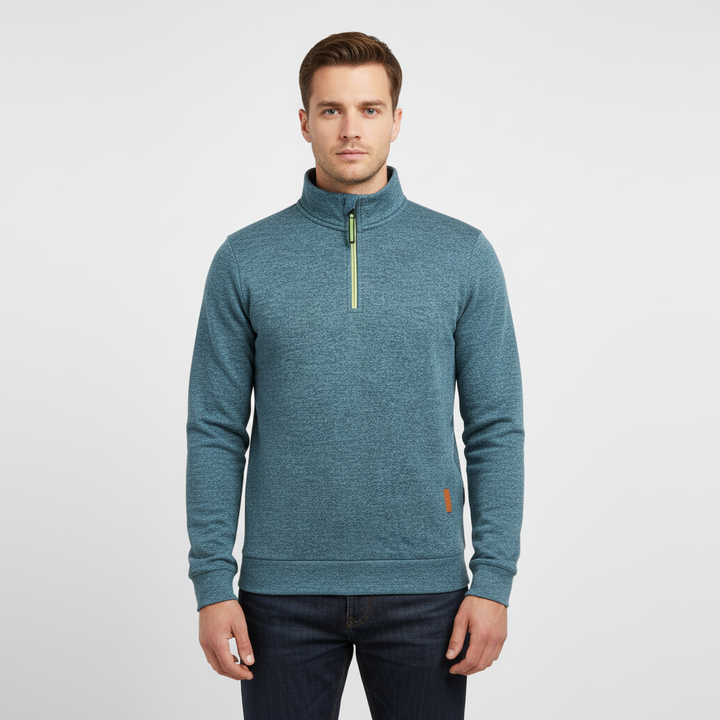 Back view of men's warm Samuel knit sweater, quarter-zip, comfortable winter wear