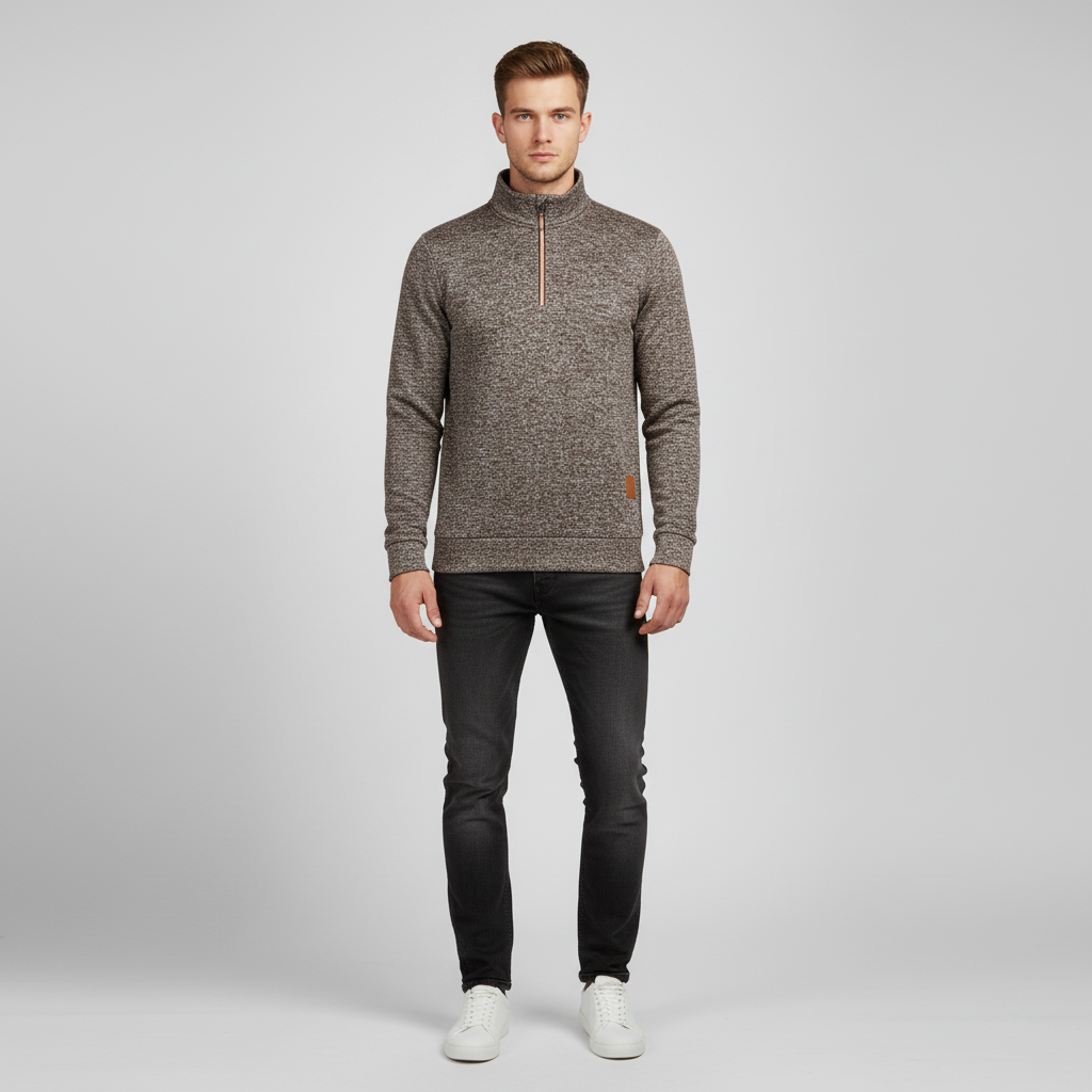 Close-up of men's Samuel quarter-zip knit sweater, cotton-wool blend texture