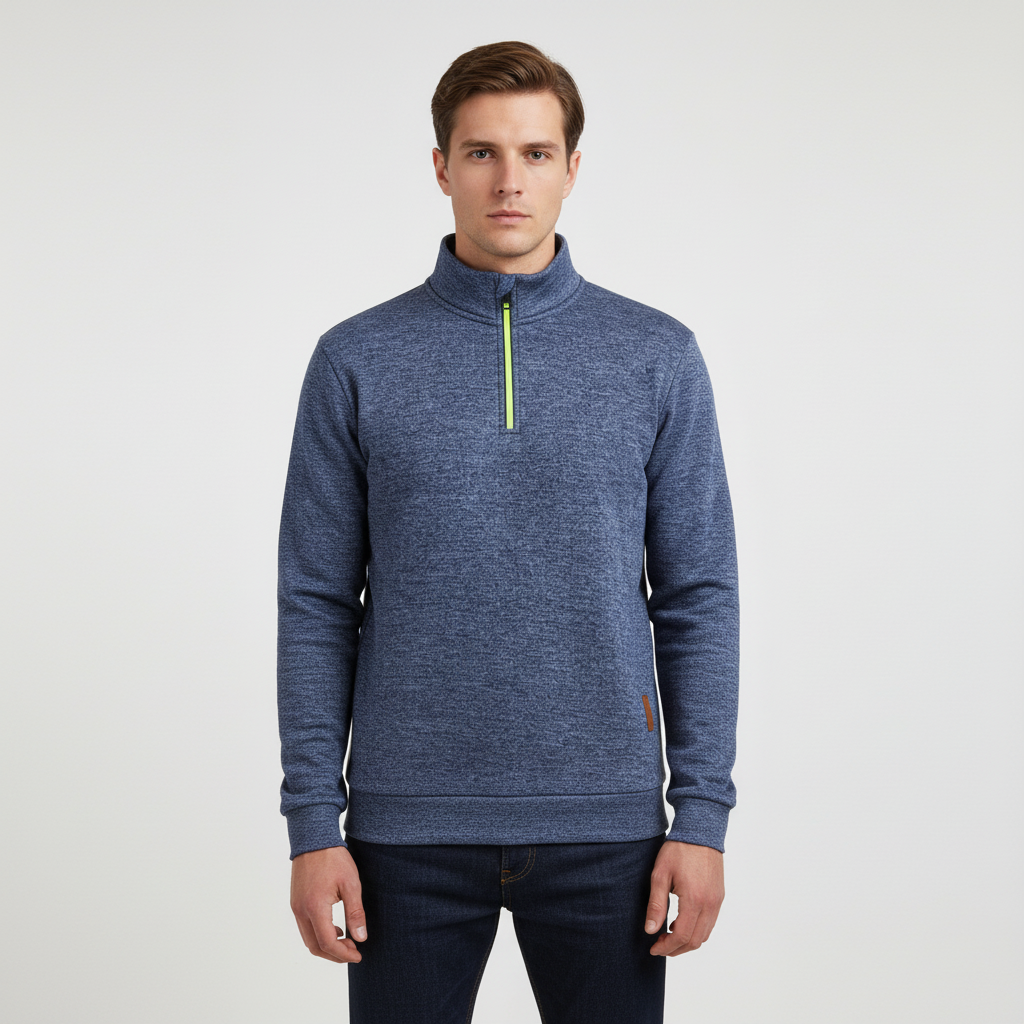 Detailed image of the quarter-zip neck on a men's warm knit Samuel sweater