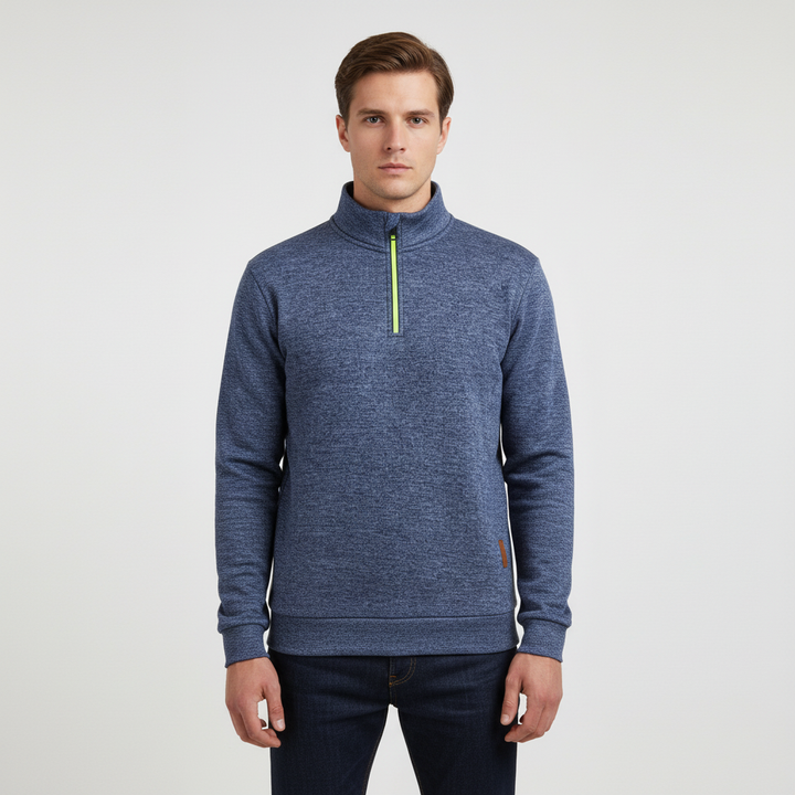 Detailed image of the quarter-zip neck on a men's warm knit Samuel sweater