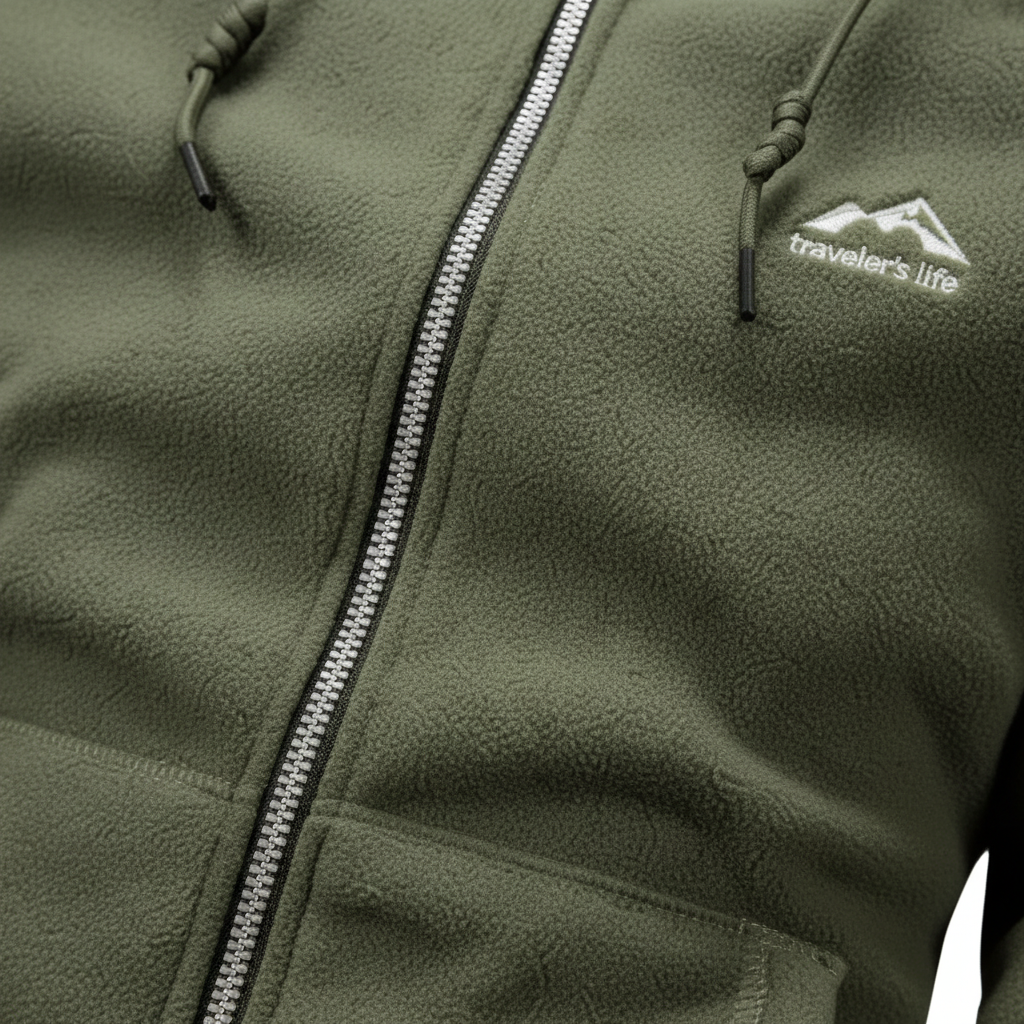 Close-up of the men's 'Florian' fleece jacket showing the soft texture and adjustable hood drawstring