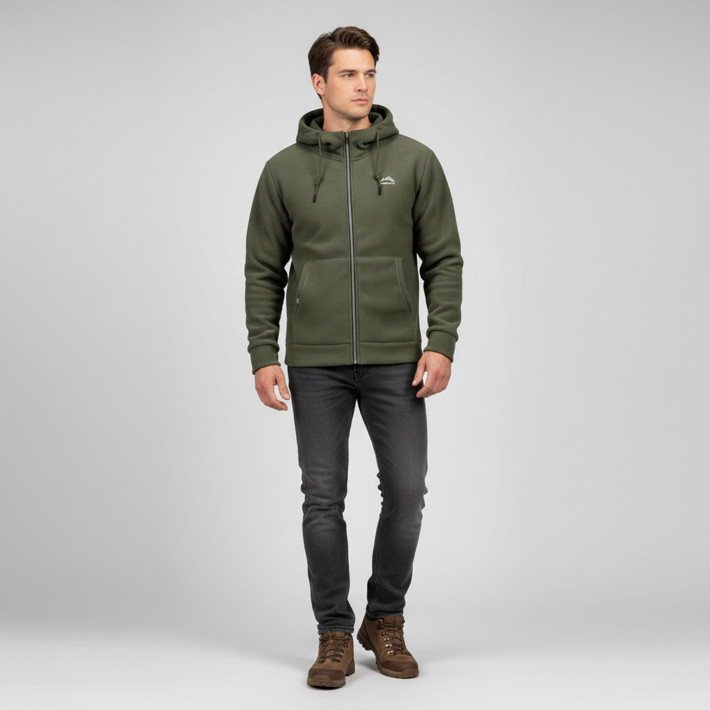 Full-body view of a man wearing the 'Florian' warm fleece jacket, showcasing its comfortable fit for winter