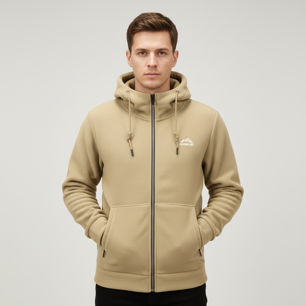 Angle view of the men's casual 'Florian' fleece jacket, highlighting its zippered chest pocket for storage