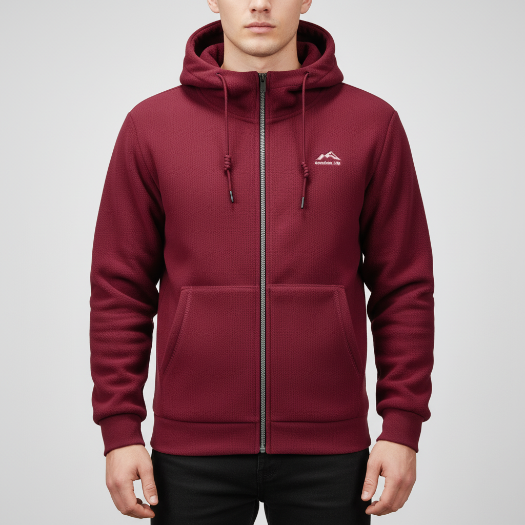 Comfortable men's 'Florian' fleece jacket with hood, in a vibrant red color, providing warmth for autumn