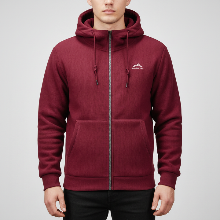 Comfortable men's 'Florian' fleece jacket with hood, in a vibrant red color, providing warmth for autumn