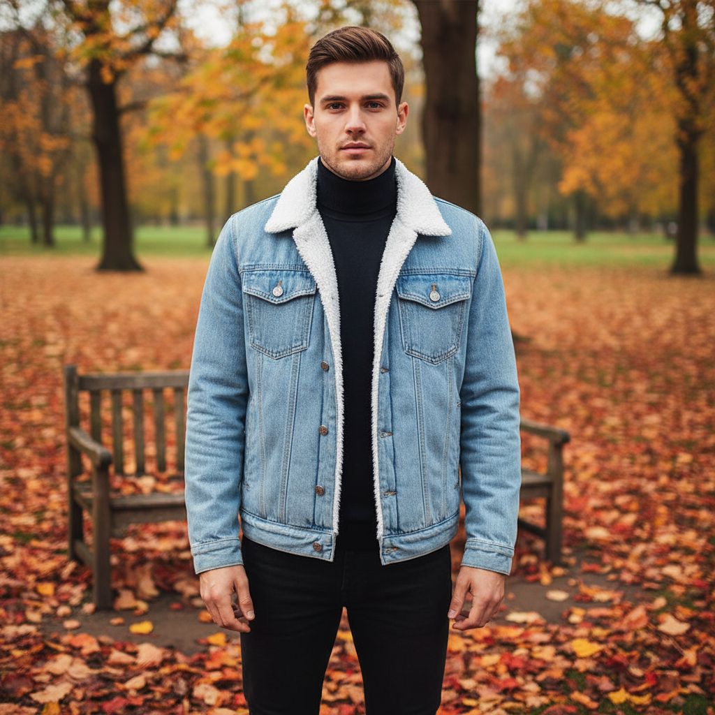 Men's warm fleece lined denim jacket, button closure, for winter casual wear